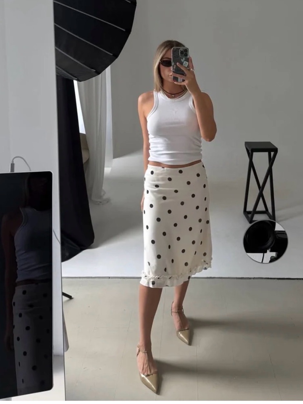 Cream Polka Dot Midi Skirt with Ruffle Hem